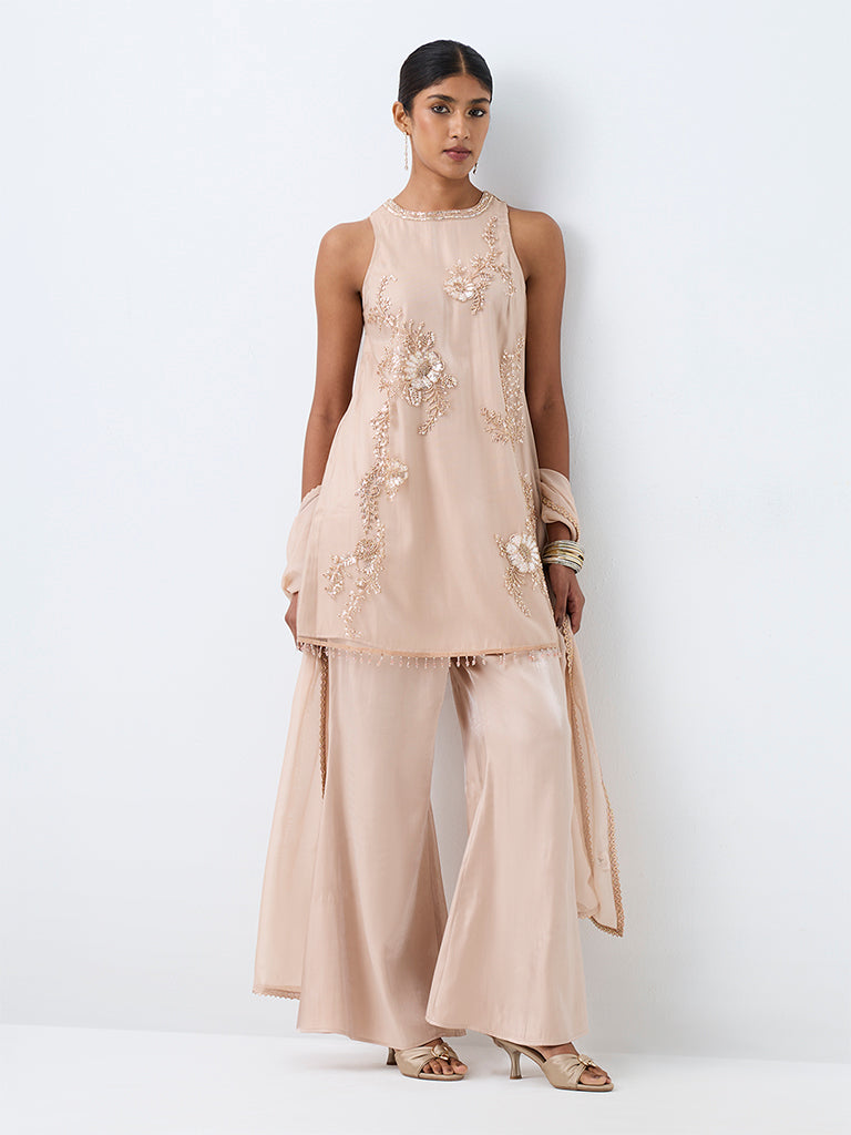 Vark Light Pink Floral Embellished A-Line Kurta and Flared Palazzos Set