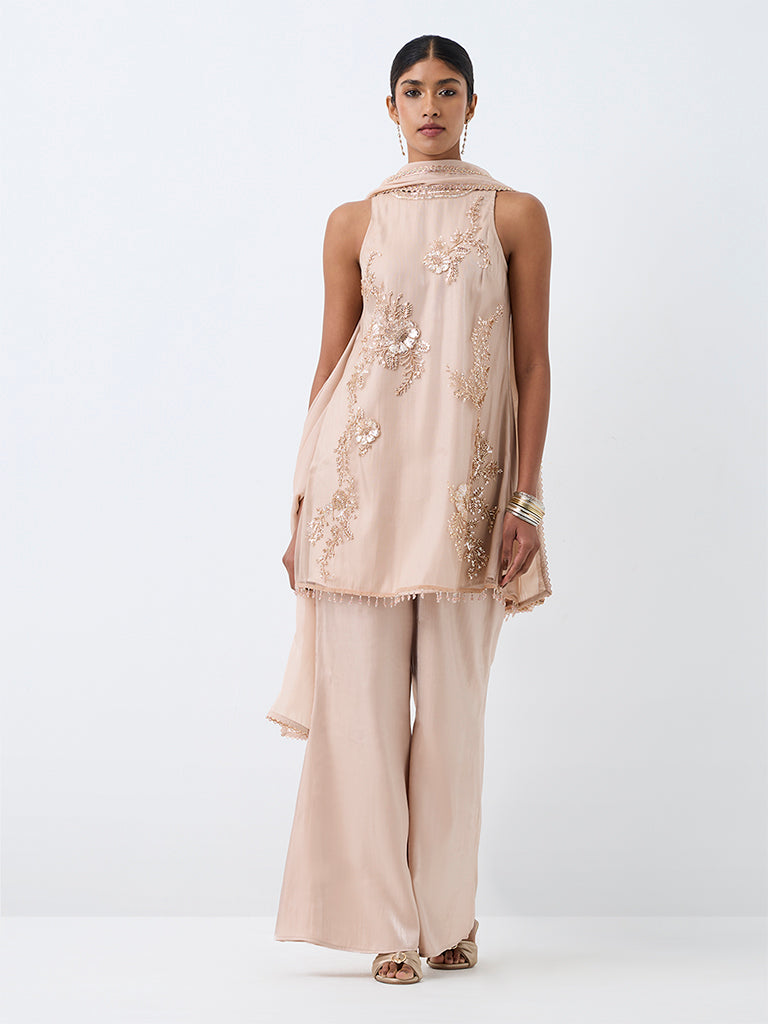 Vark Light Pink Floral Embellished A-Line Kurta and Flared Palazzos Set