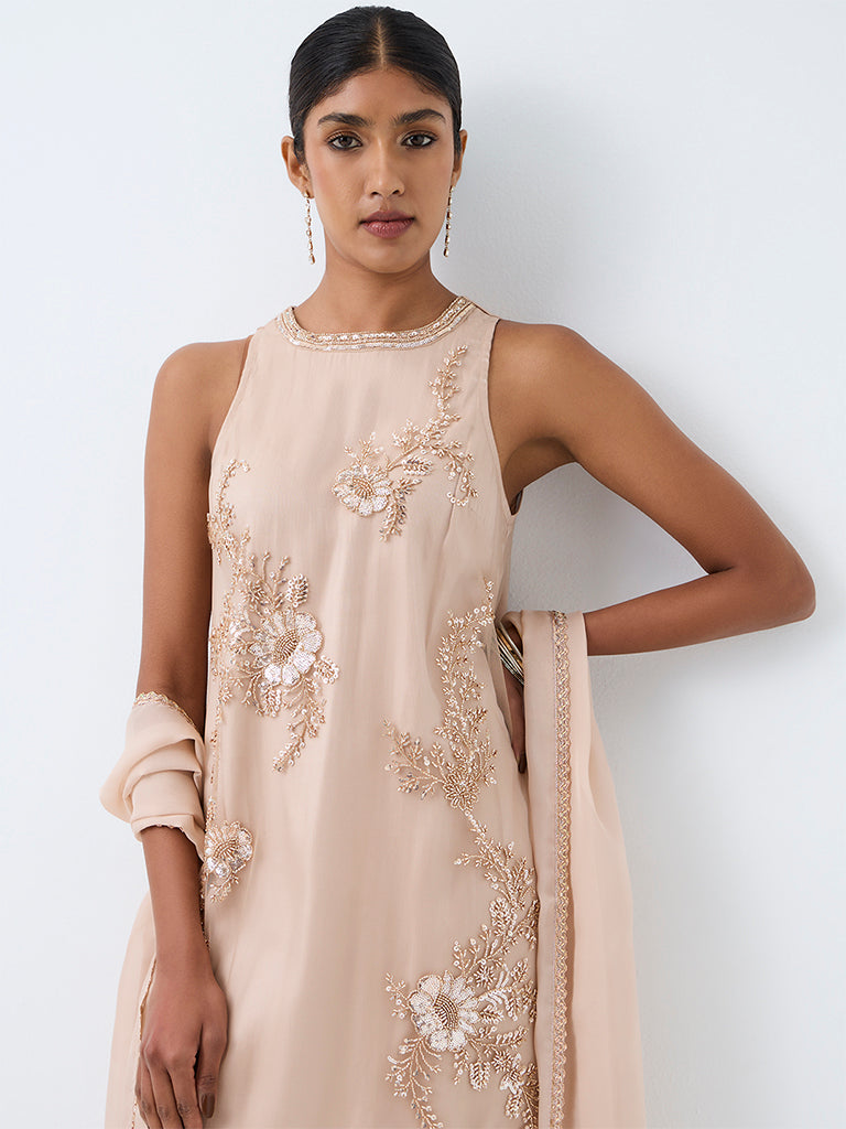 Vark Light Pink Floral Embellished A-Line Kurta and Flared Palazzos Set