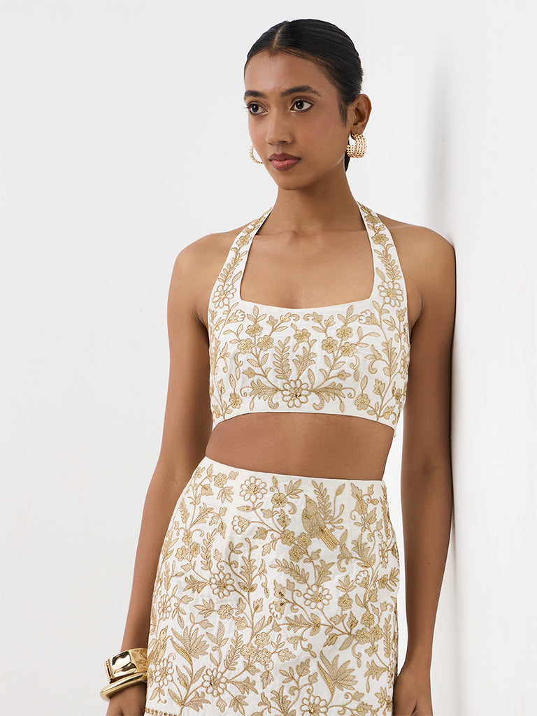 Vark Off-White Floral Embroidered Crop Top