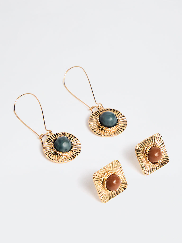 Westside Accessories Gold Stud and Fish-Hook Earrings - Pack of 2