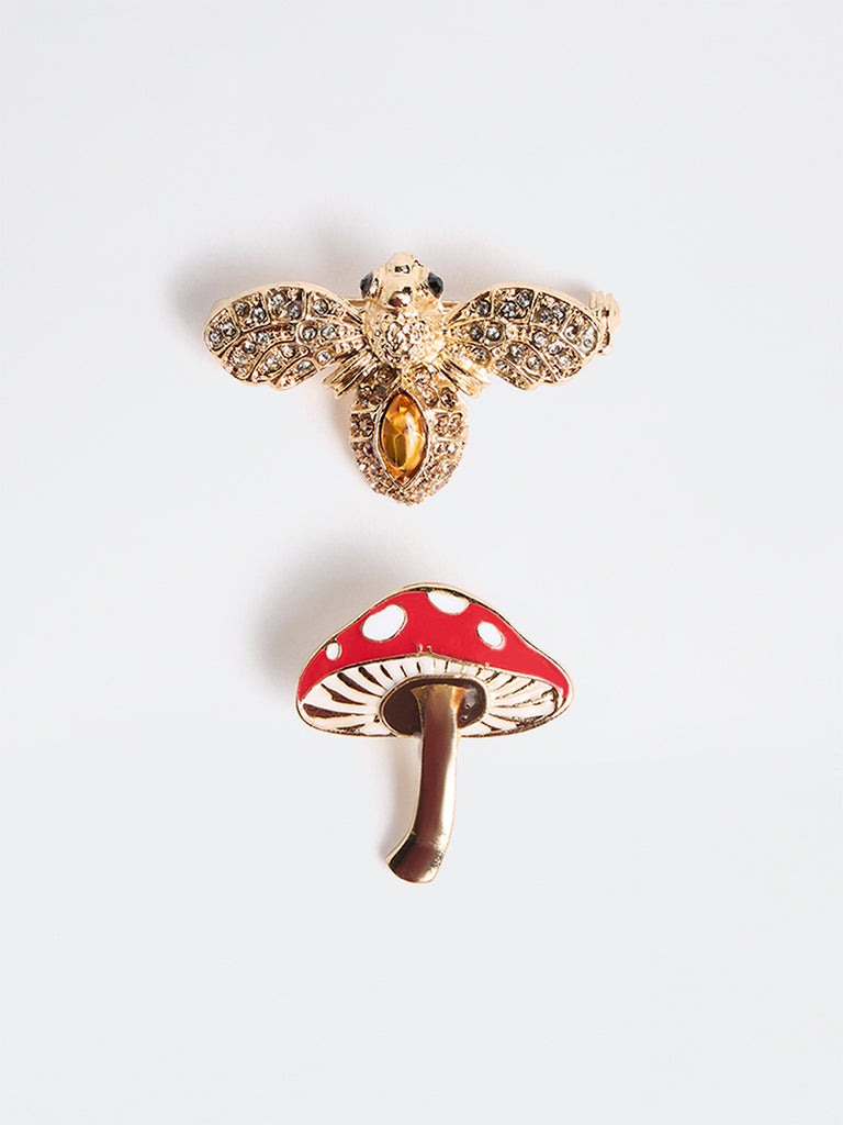Westside Accessories Gold Mushroom and Embellished Bee Brooches - Pack of 2