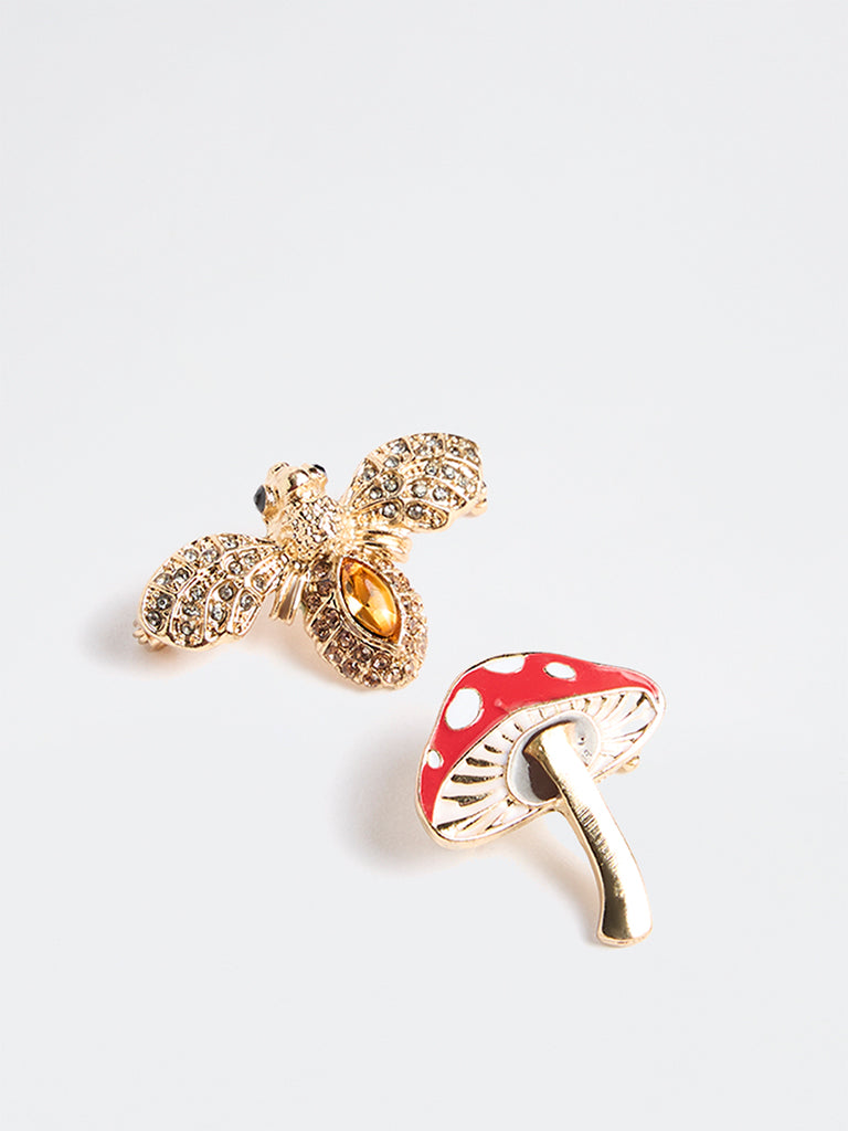 Westside Accessories Gold Mushroom and Embellished Bee Brooches - Pack of 2
