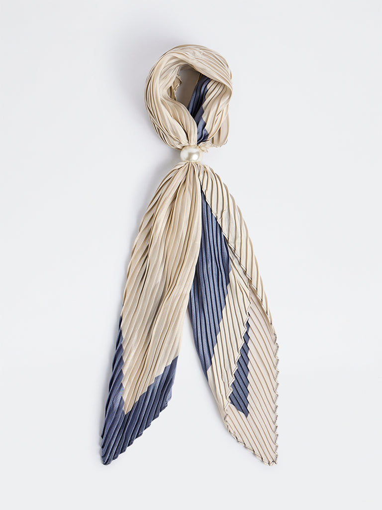 Westside Accessories Navy and Light Beige Pleated Neck Scarf