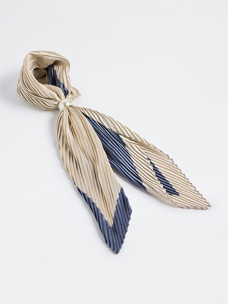 Westside Accessories Navy and Light Beige Pleated Neck Scarf