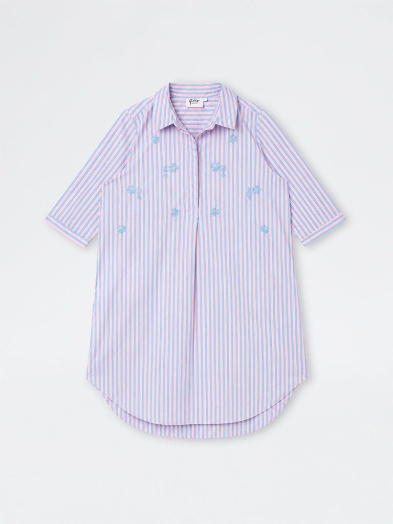 Gia Pink and Blue Striped Cotton-Blend Tunic Dress