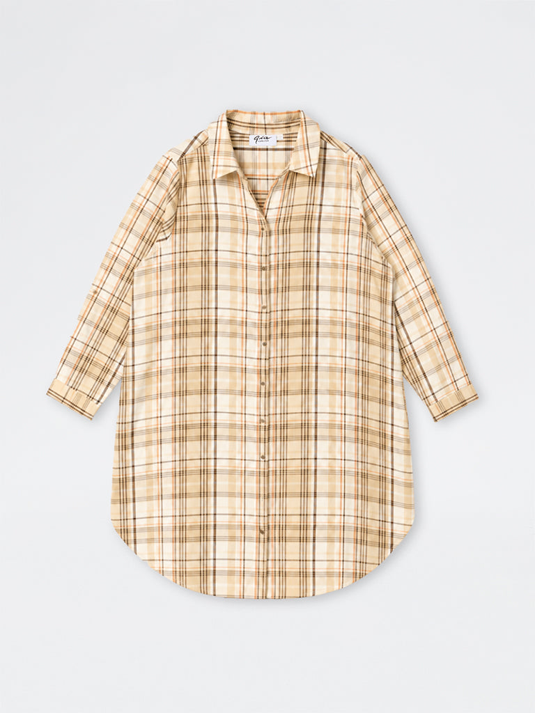 Gia Beige Plaid Checkered Cotton Tunic Dress