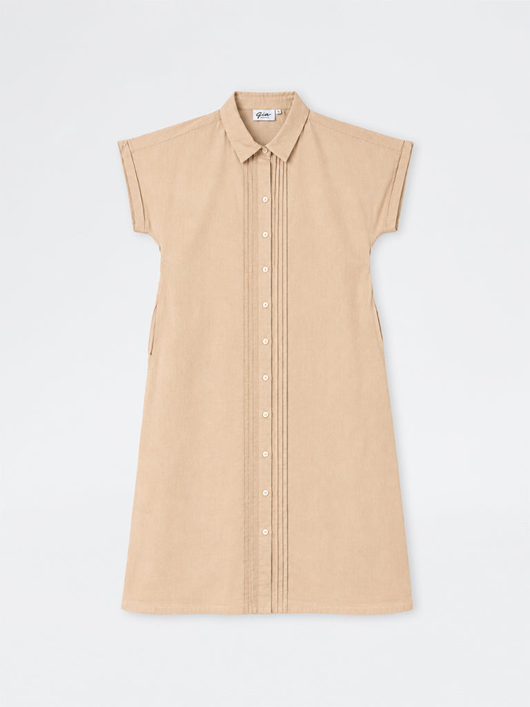 Gia Beige Pintuck-Detail Cotton-Blend Shirt Dress