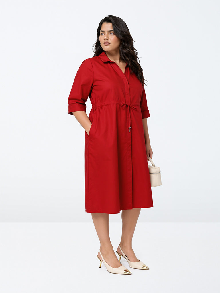 Gia Red Solid Cotton Shirt Dress