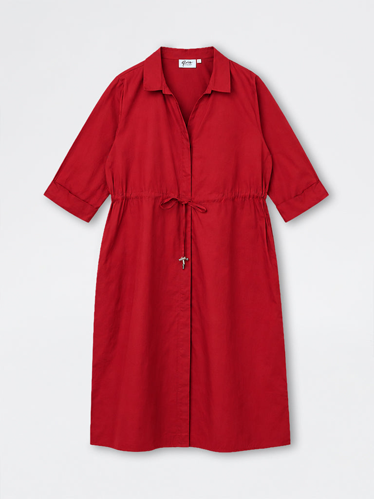 Gia Red Solid Cotton Shirt Dress