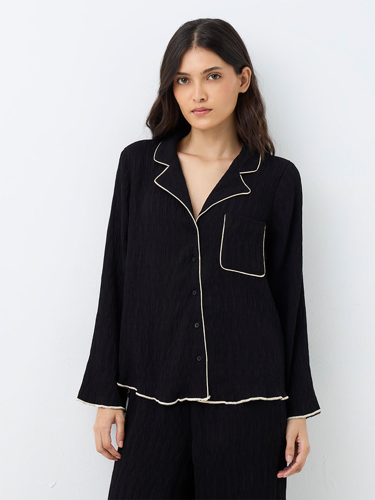 Wunderlove Black Crinkle-Textured Shirt with Pyjamas Set