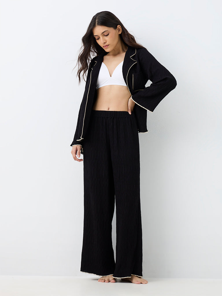 Wunderlove Black Crinkle-Textured Shirt with Pyjamas Set