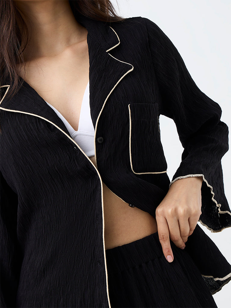 Wunderlove Black Crinkle-Textured Shirt with Pyjamas Set