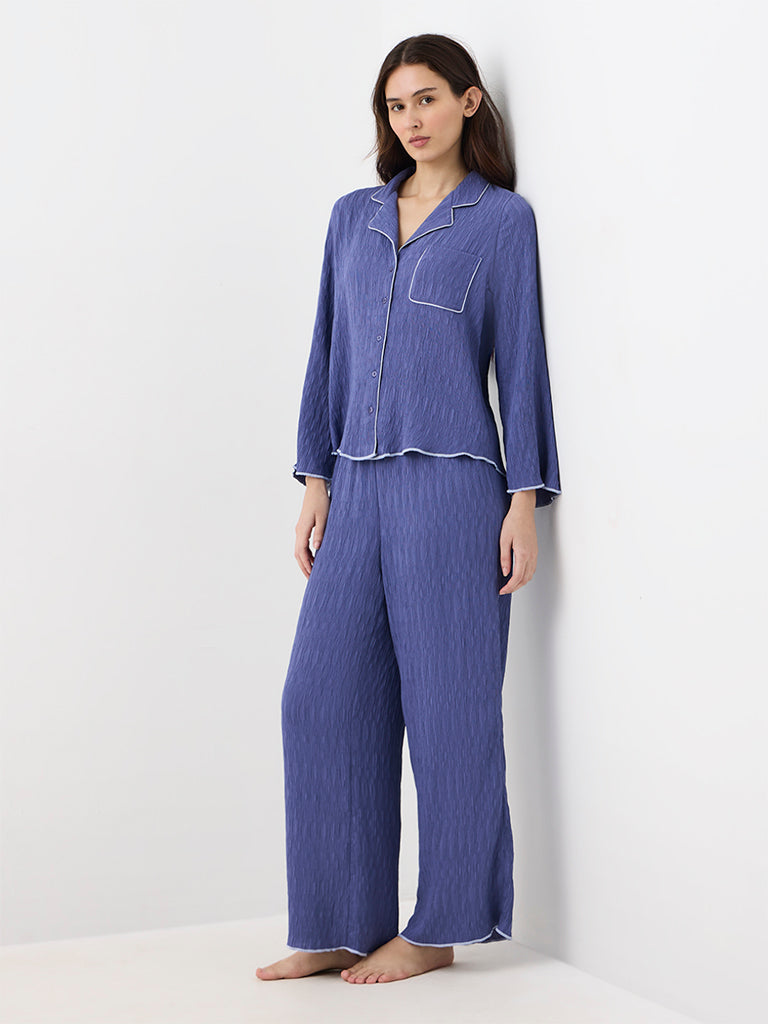 Wunderlove Dusty Blue Textured Shirt and Pyjama Set