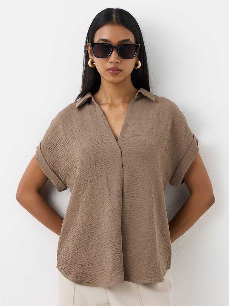 Wardrobe Taupe Crinkle-Textured Blouse