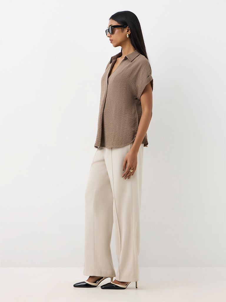 Wardrobe Taupe Crinkle-Textured Blouse
