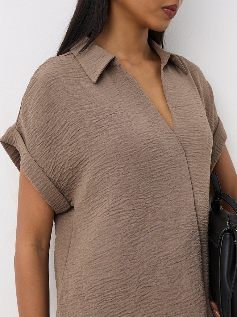 Wardrobe Taupe Crinkle-Textured Blouse