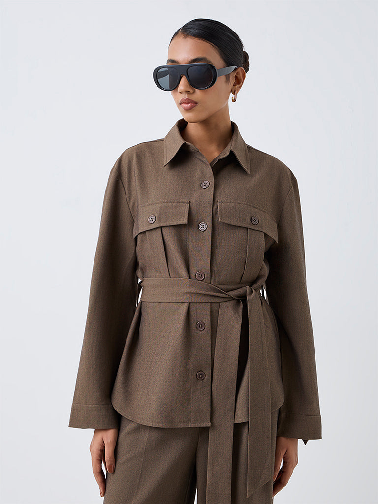 Wardrobe Dark Taupe Solid Shirt with Belt