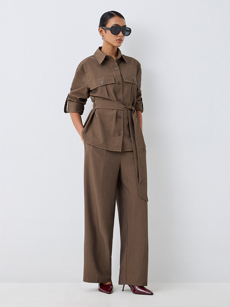 Wardrobe Dark Taupe Solid Shirt with Belt