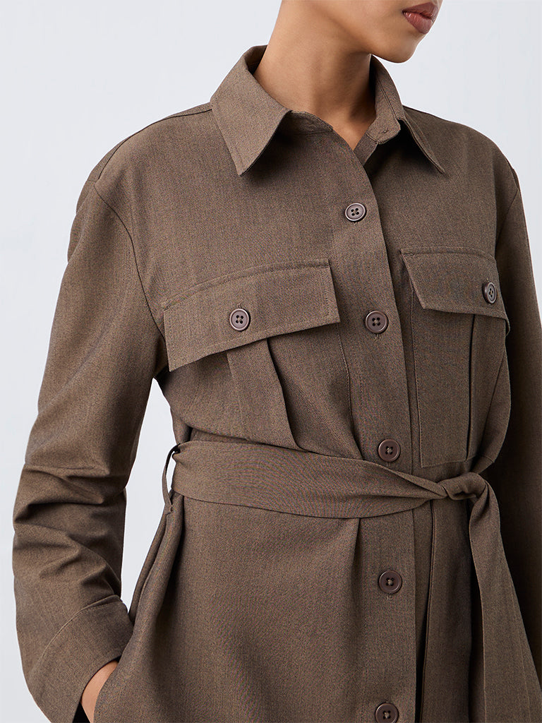 Wardrobe Dark Taupe Solid Shirt with Belt