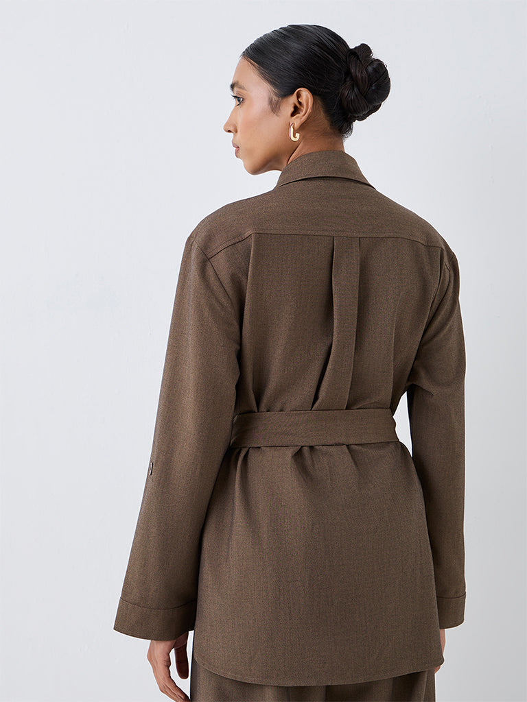 Wardrobe Dark Taupe Solid Shirt with Belt