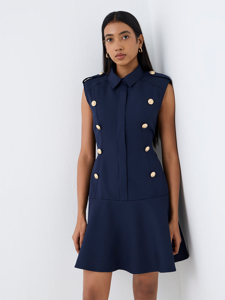 Wardrobe Navy Button-Detail A-Line Dress