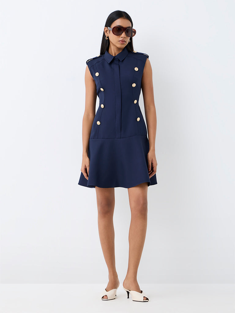 Wardrobe Navy Button-Detail A-Line Dress