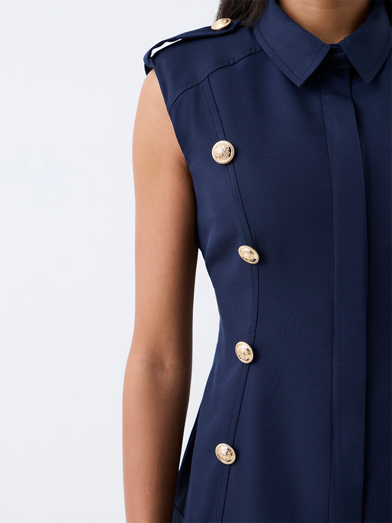 Wardrobe Navy Button-Detail A-Line Dress