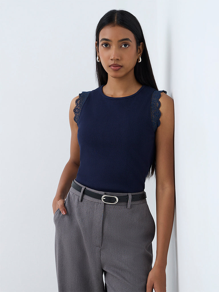 Wardrobe Navy Lace-Detail Ribbed Cotton-Blend Top