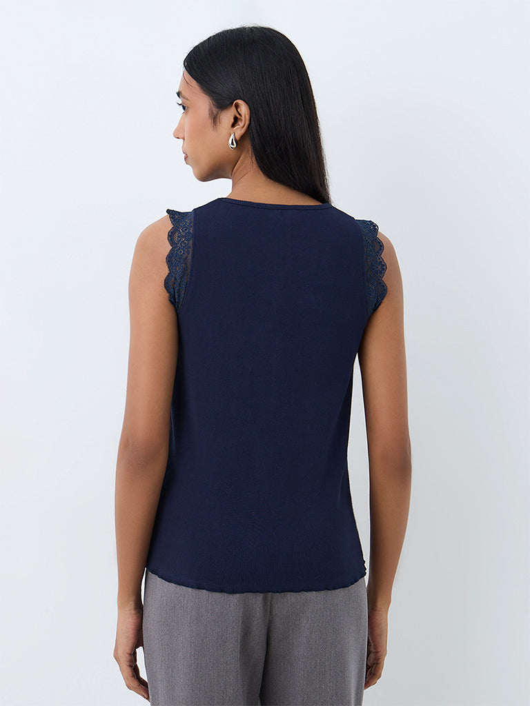 Wardrobe Navy Lace-Detail Ribbed Cotton-Blend Top