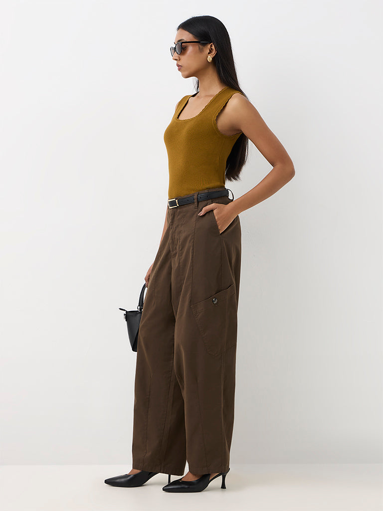 Wardrobe Brown Barrel-Fit Cargo-Style High-Rise Cotton Trousers