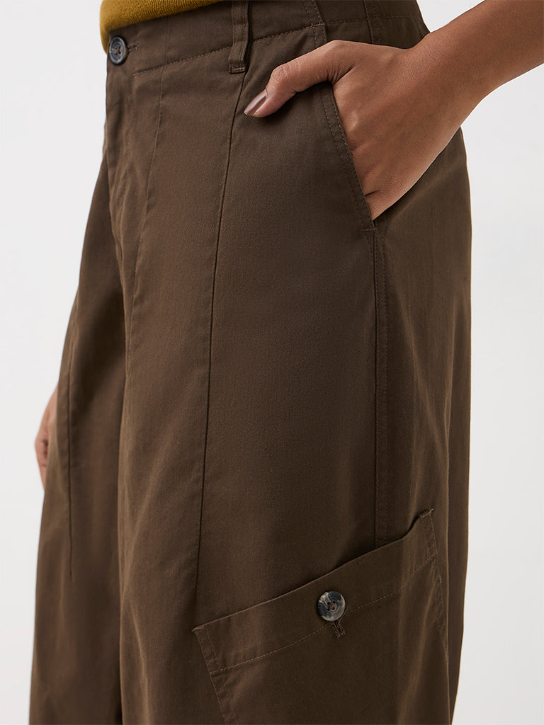 Wardrobe Brown Barrel-Fit Cargo-Style High-Rise Cotton Trousers