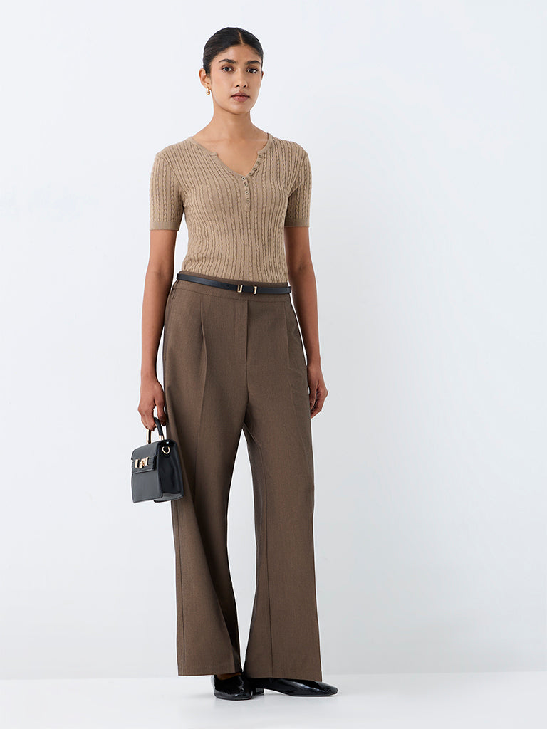 Wardrobe Dark Taupe Wide-Leg High-Rise Trousers