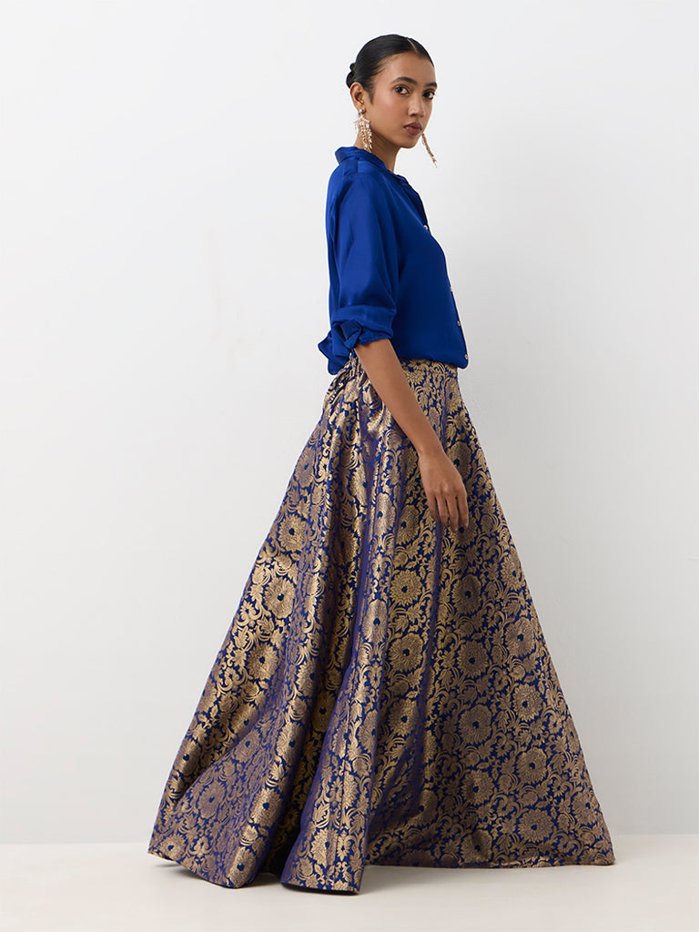 Vark Dark Blue Brocade Skirt and Ethnic Shirt Set