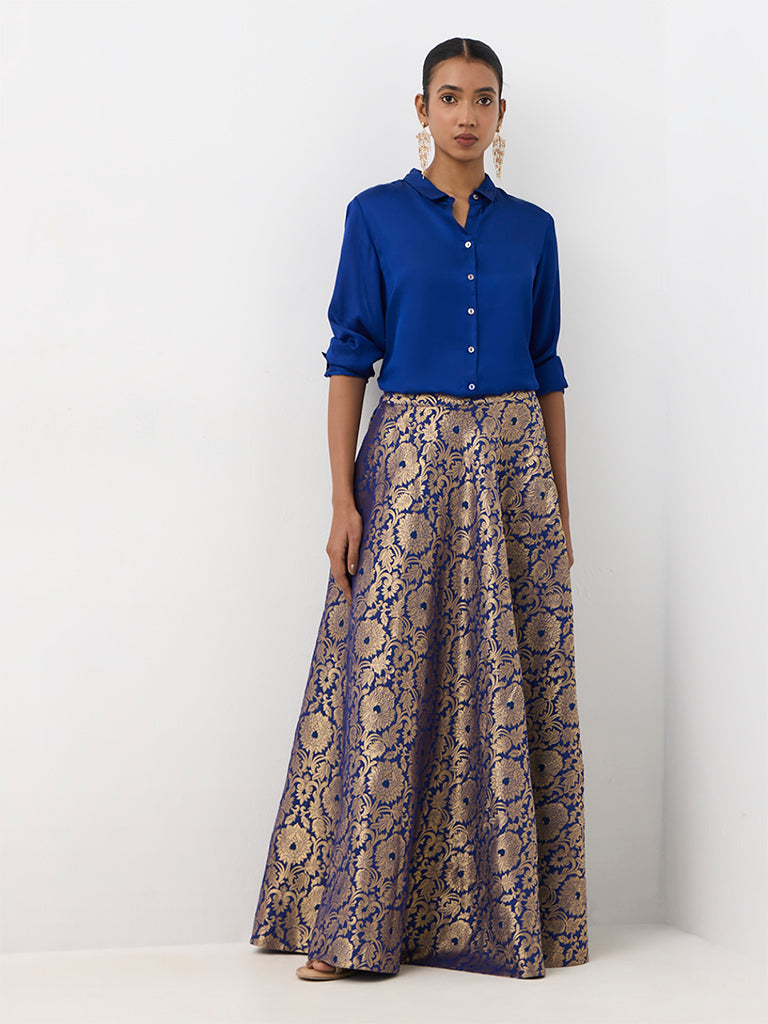 Vark Dark Blue Brocade Skirt and Ethnic Shirt Set