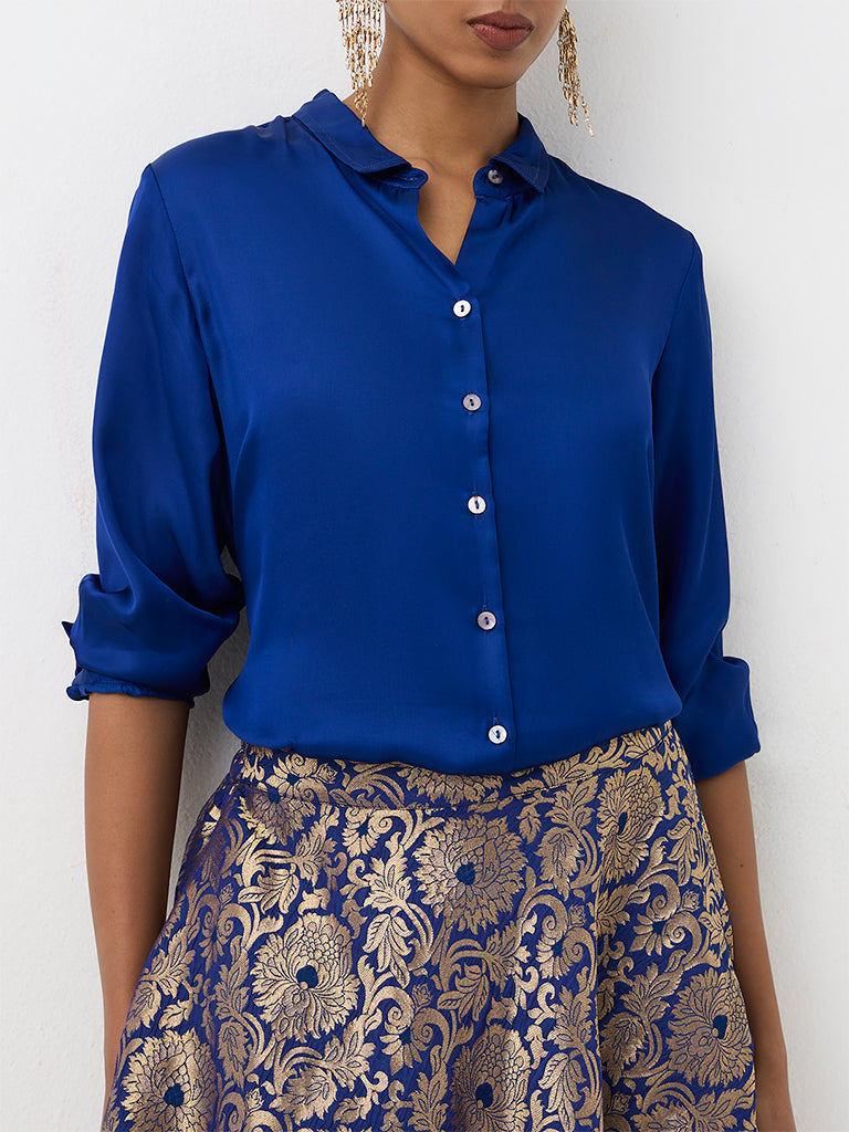 Vark Dark Blue Brocade Skirt and Ethnic Shirt Set