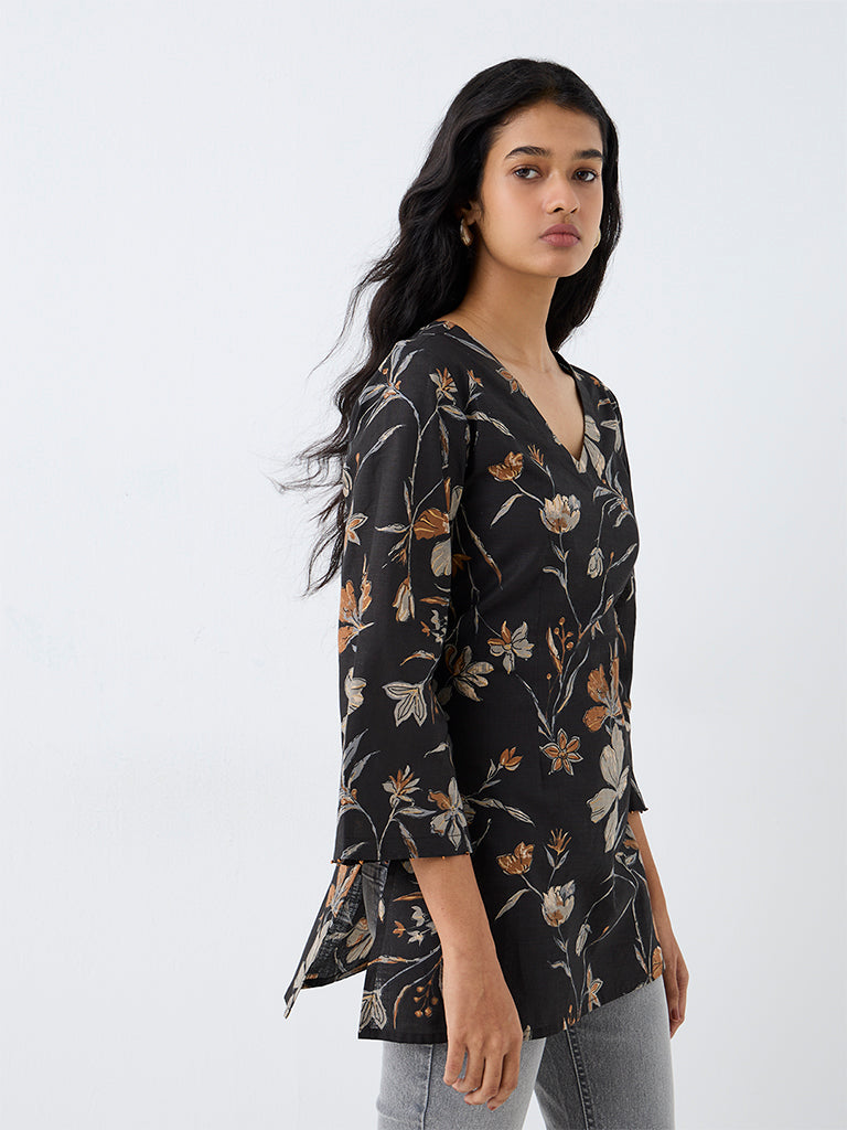Utsa Black Floral Printed Cotton Tunic