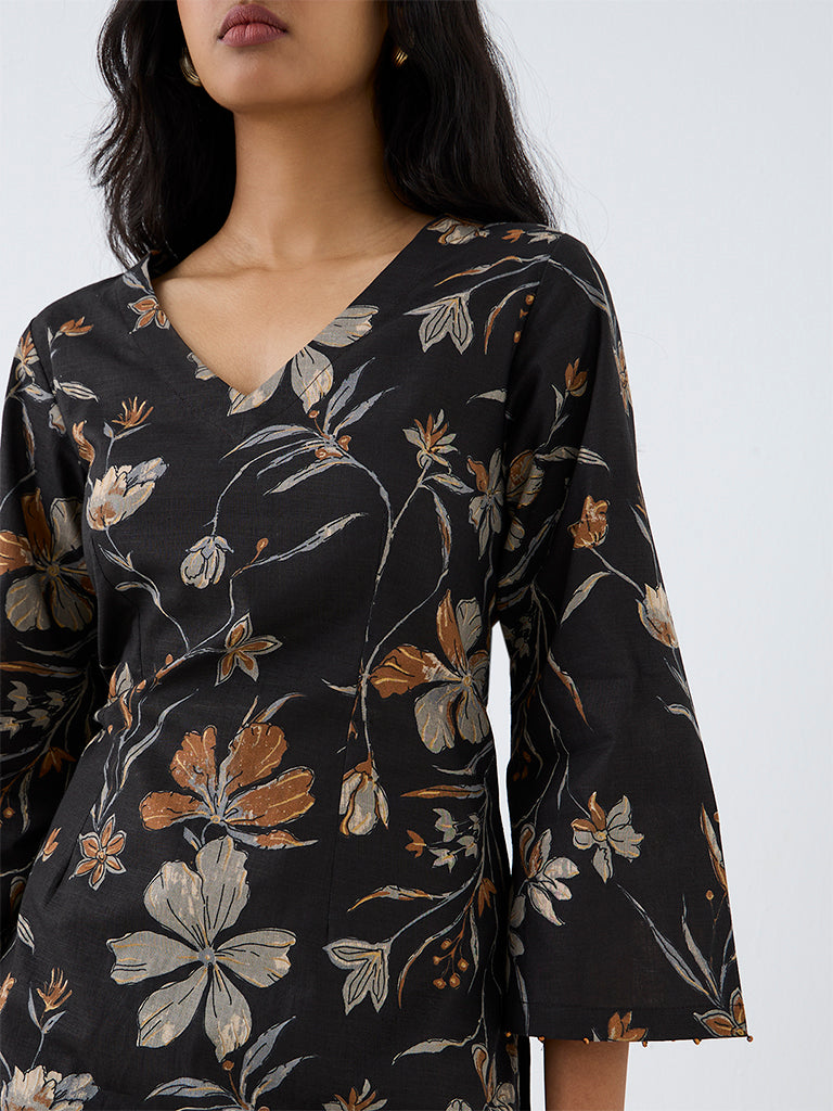 Utsa Black Floral Printed Cotton Tunic