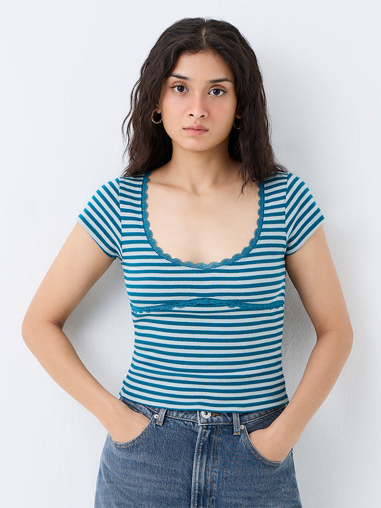 Nuon Teal Striped Lace-Detailed Cotton-Blend Top