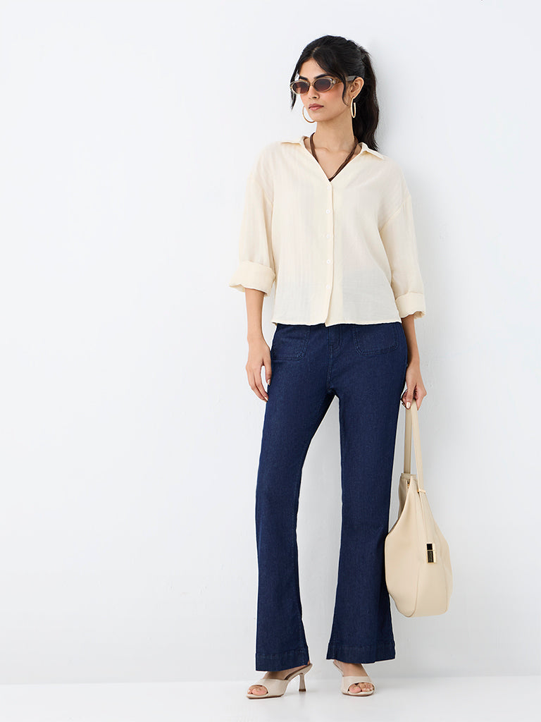 LOV Cream Self-Striped Cotton Shirt