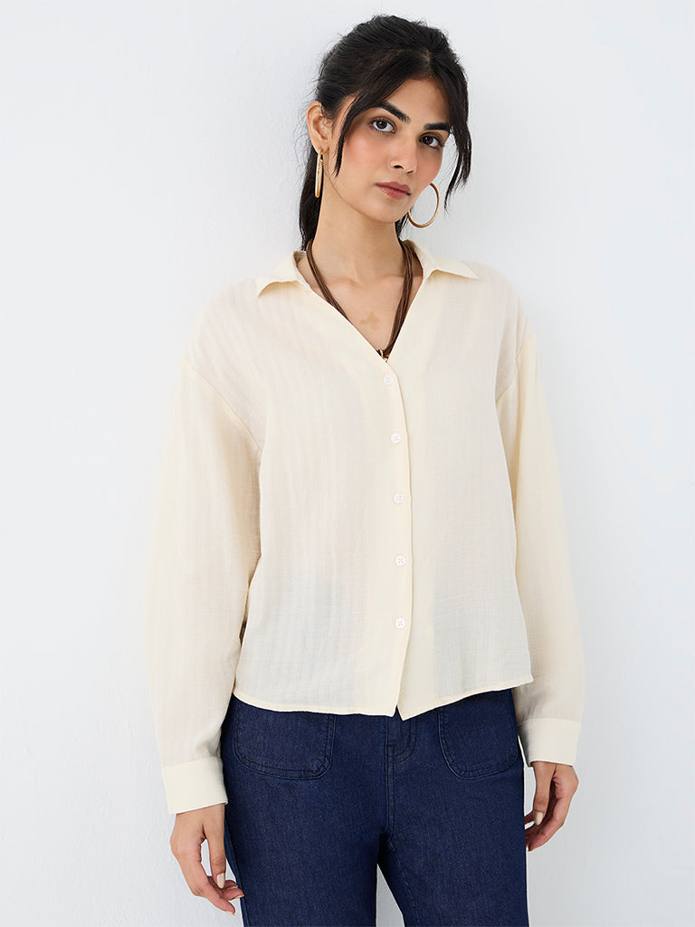 LOV Cream Self-Striped Cotton Shirt