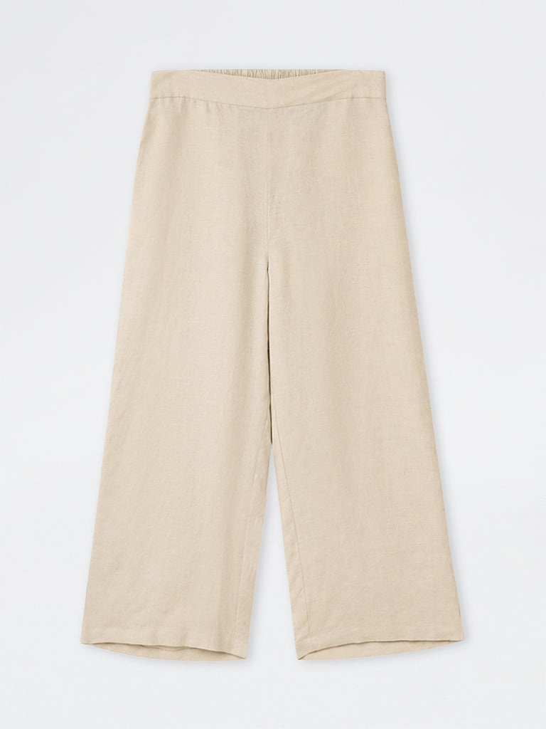 Diza Beige Solid Linen Pants