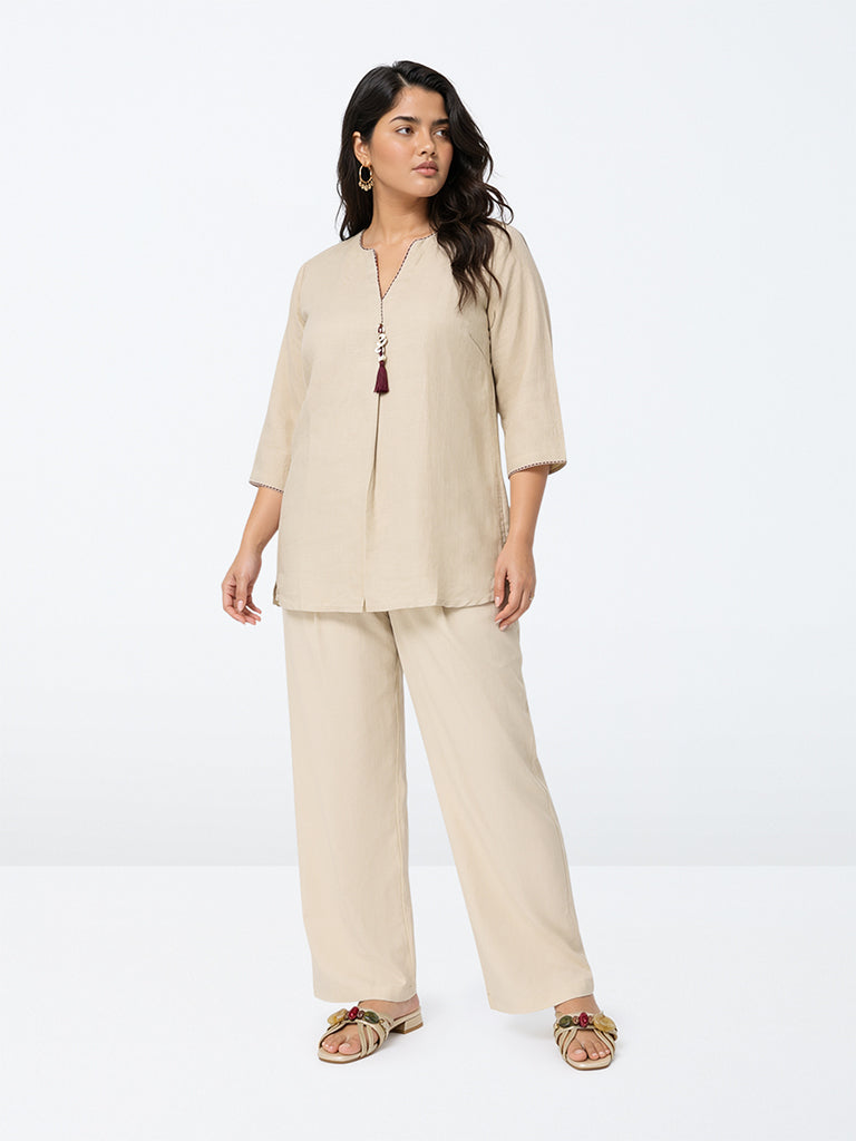 Diza Beige Solid Linen Pants