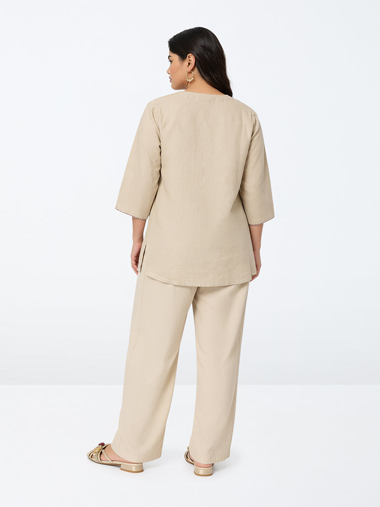 Diza Beige Solid Linen Pants