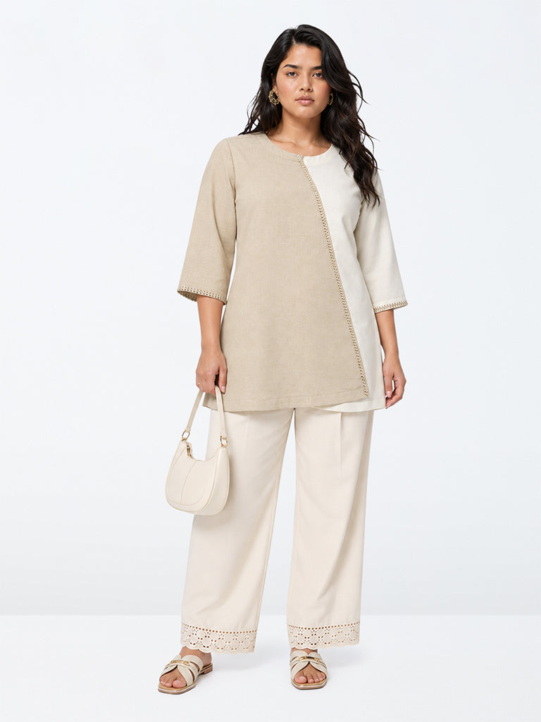 Diza Beige Colour-Blocked Linen Tunic