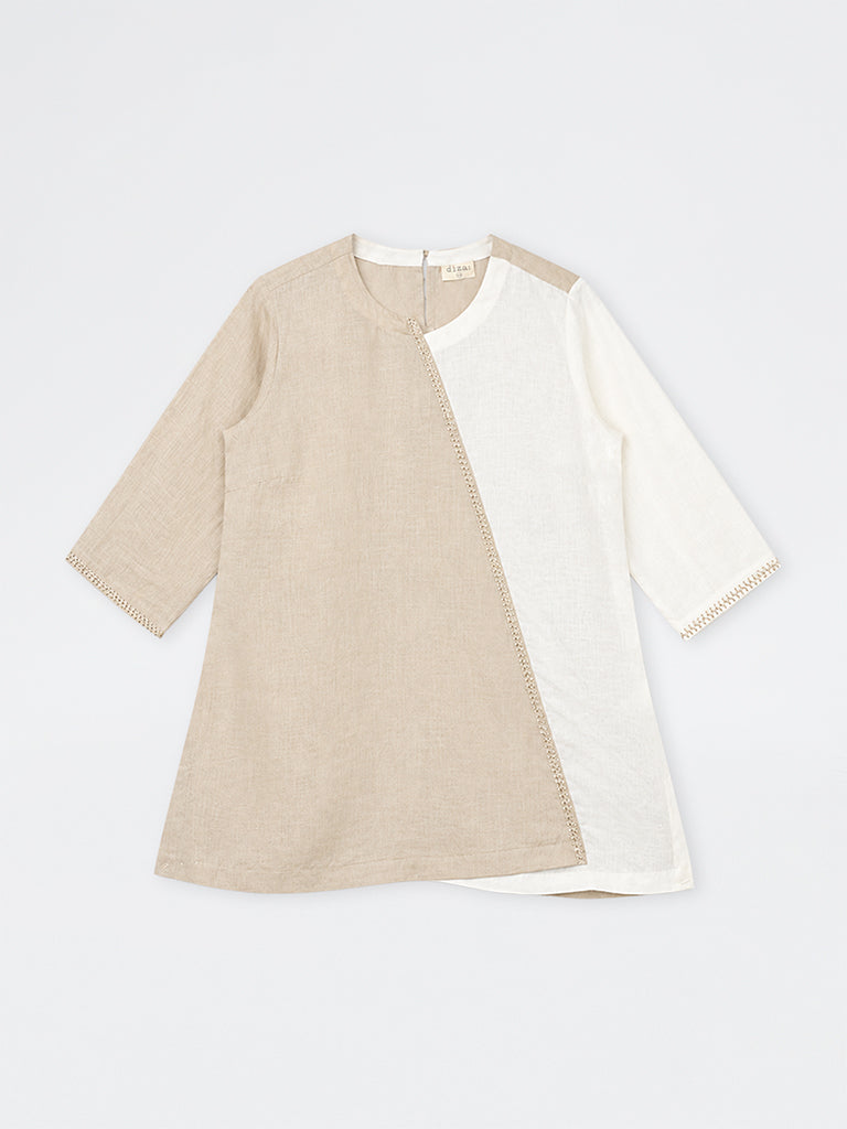 Diza Beige Colour-Blocked Linen Tunic