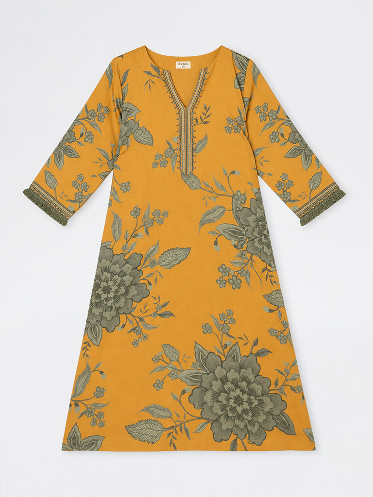Diza Yellow Floral Printed Cotton A-Line Kurta