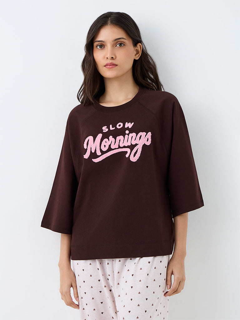 Wunderlove Dark Brown Text Design Cotton T-Shirt