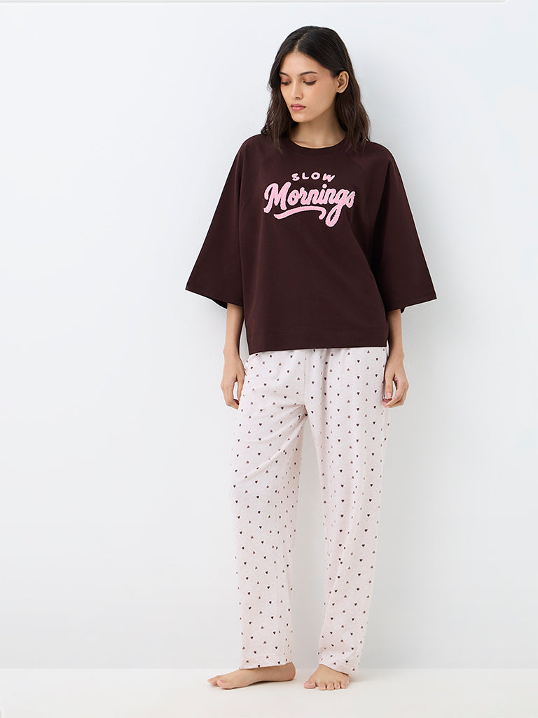 Wunderlove Dark Brown Text Design Cotton T-Shirt