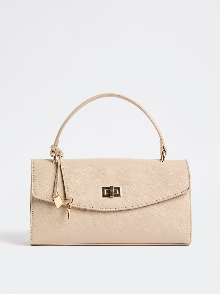 Westside Beige Textured Turn-Lock Crossbody Sling Bag